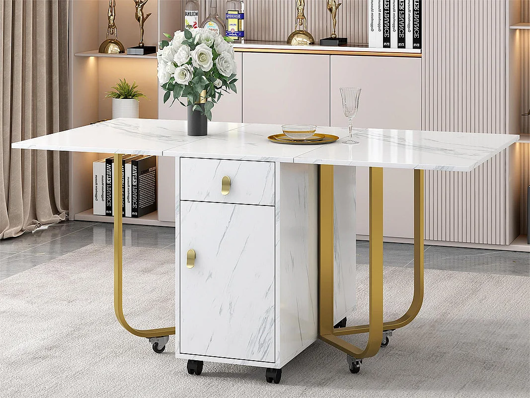 Opklapbare eettafel op wielen - met opbergruimte - Wit & Goud