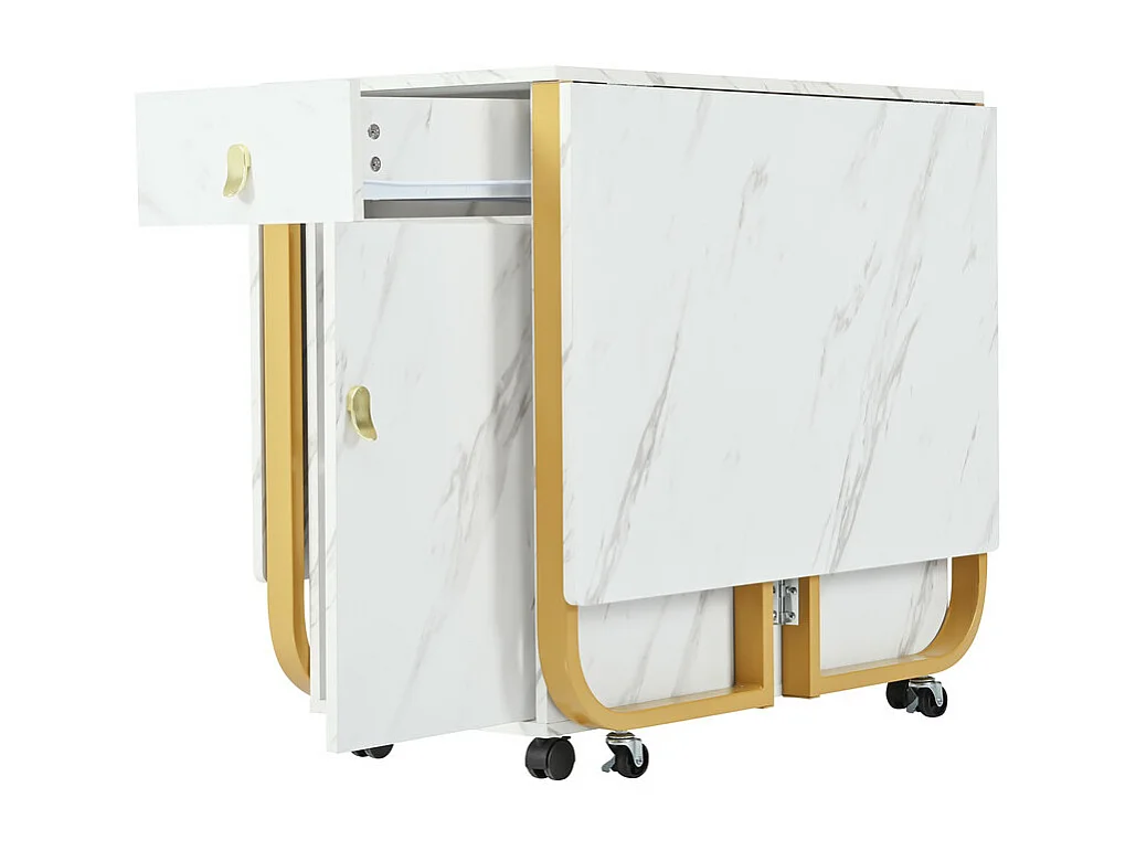 Opklapbare eettafel op wielen - met opbergruimte - Wit & Goud
