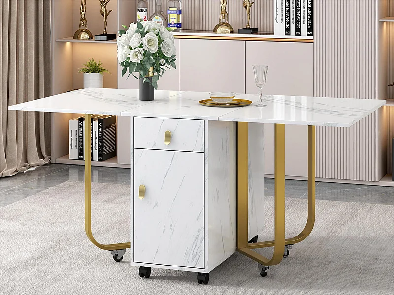 Klappbarer Esstisch auf Rollen – mit Stauraum – Weiß und Gold