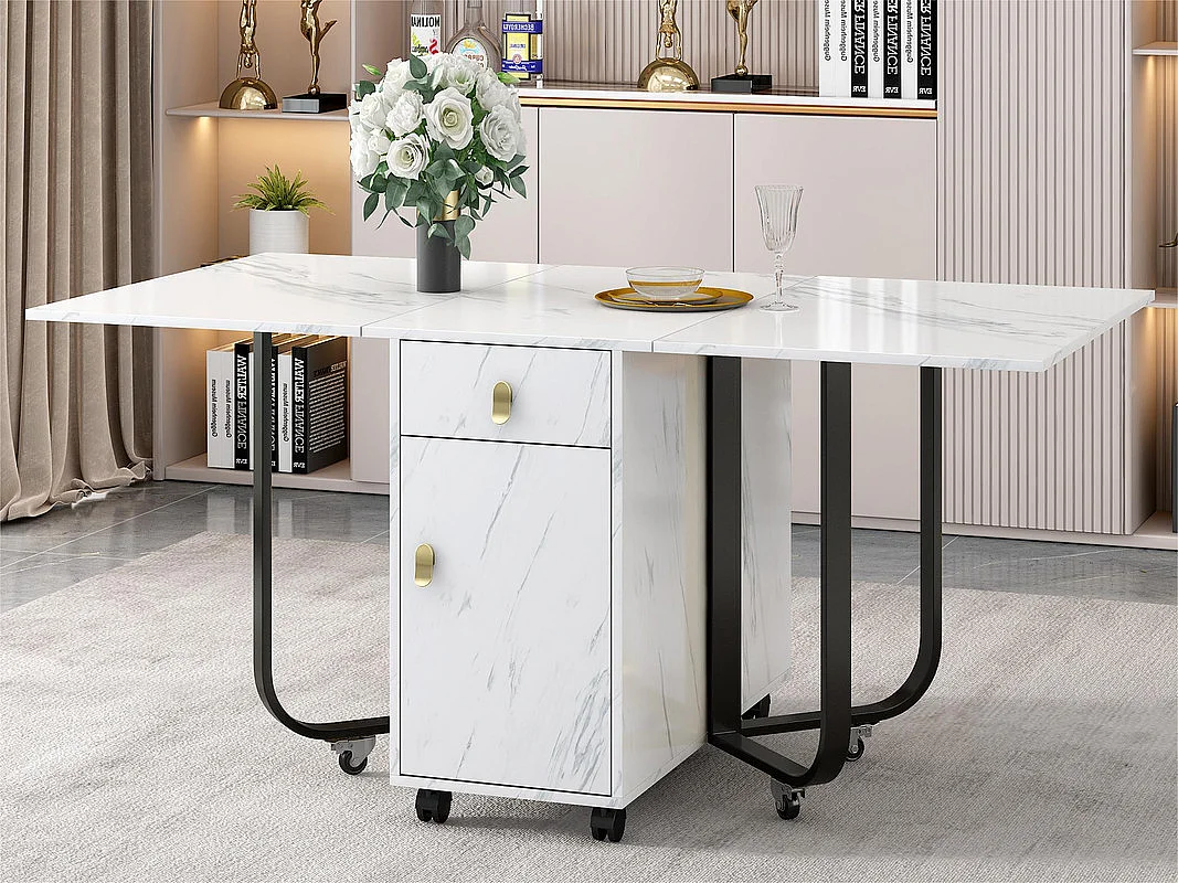 Table à manger pliante sur roulettes - avec eapace de rangement - Blanc & Noir