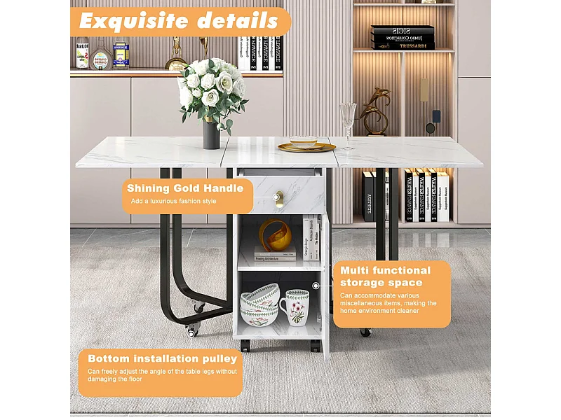 Table à manger pliante sur roulettes - avec eapace de rangement - Blanc & Noir