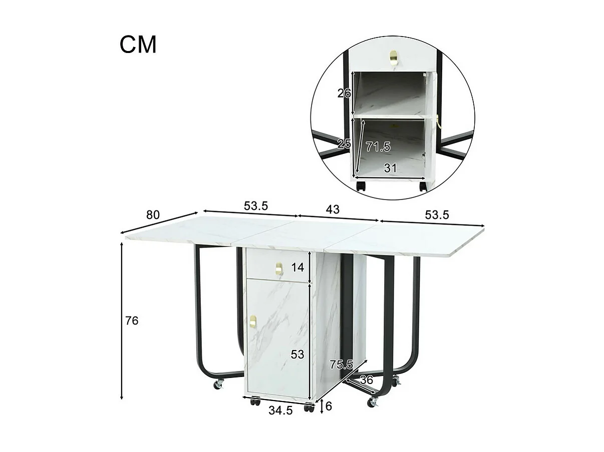 Table à manger pliante sur roulettes - avec eapace de rangement - Blanc & Noir
