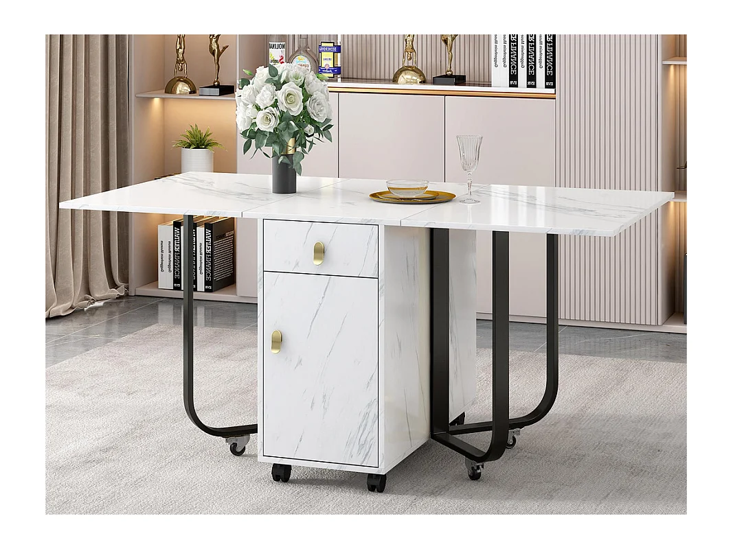 Table à manger pliante sur roulettes - avec eapace de rangement - Blanc & Noir