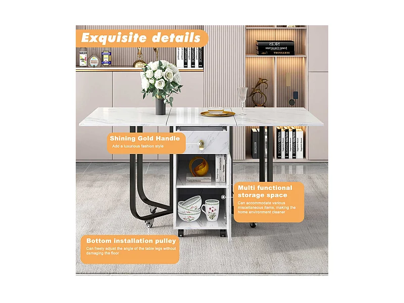 Mesa de comedor plegable con ruedas - con espacio de almacenamiento - Blanco y negro