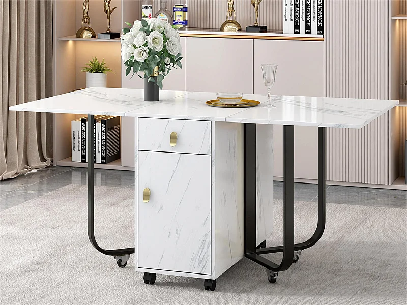 Table à manger pliante sur roulettes - avec eapace de rangement - Blanc & Noir