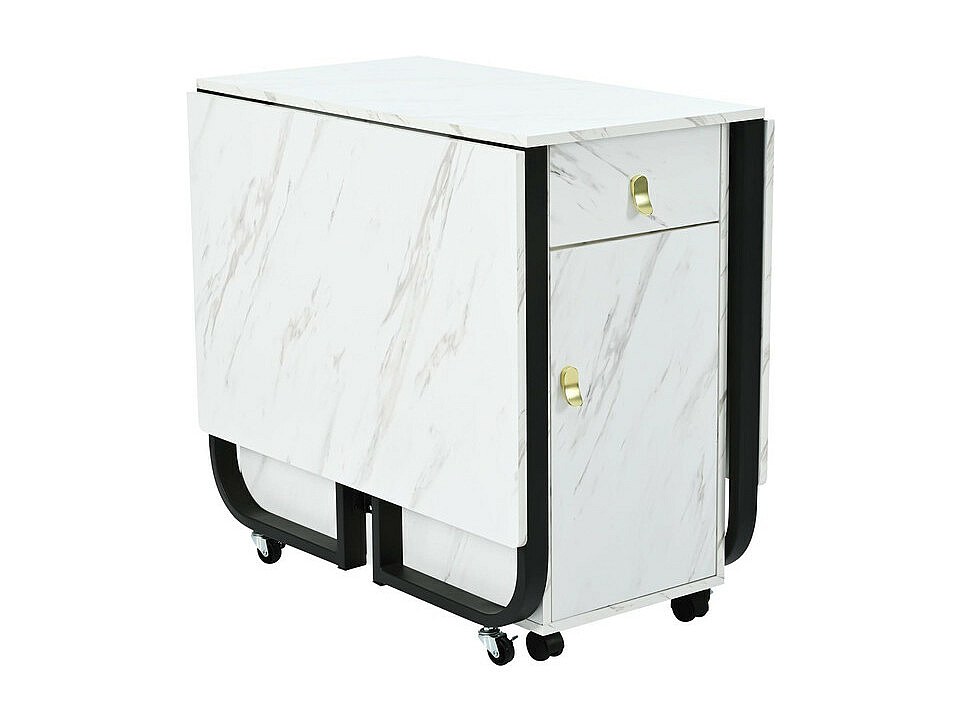 Table Pliante Mobile Avec Rangement - 120x70 Cm - 6 Roulettes - Pour Petite Cuisine, Salle à Manger - Couleur Orange Et Blanc