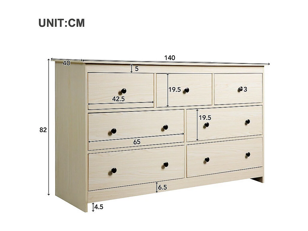 Buffet bas avec 7 tiroirs - Naturel clair