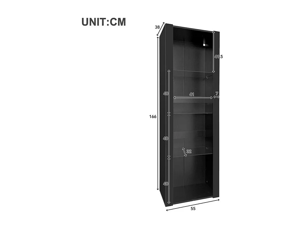 Vitrine L 166cm avec LED - 3 étagères en verre - Noir