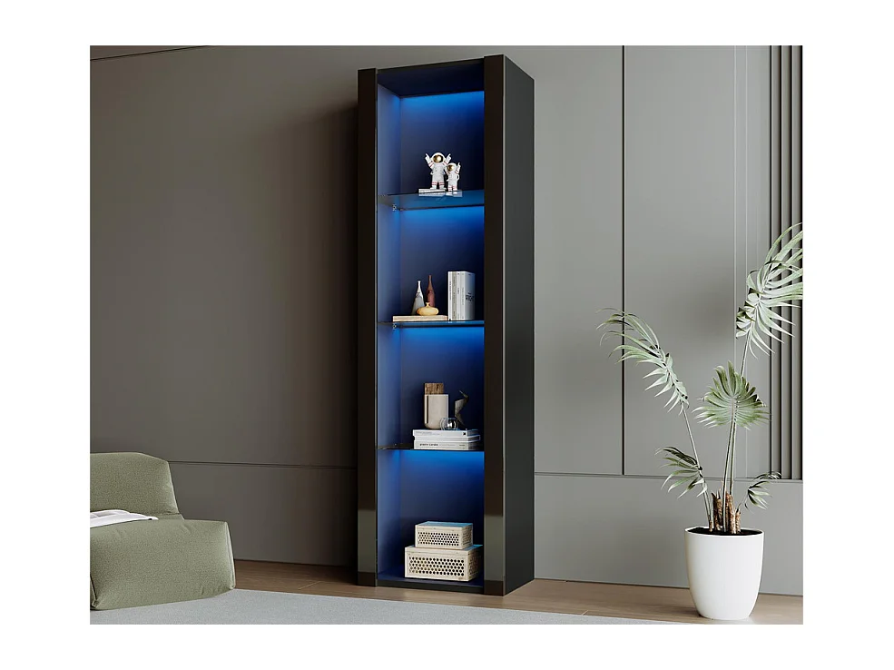 Vitrine L 166cm avec LED - 3 étagères en verre - Noir