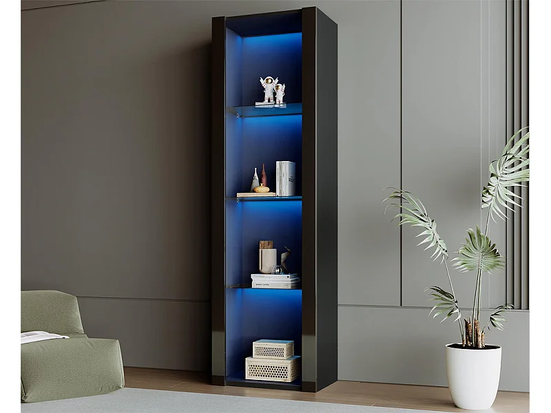 Vitrine L 166cm met LED - 3 glazen planken - Zwart