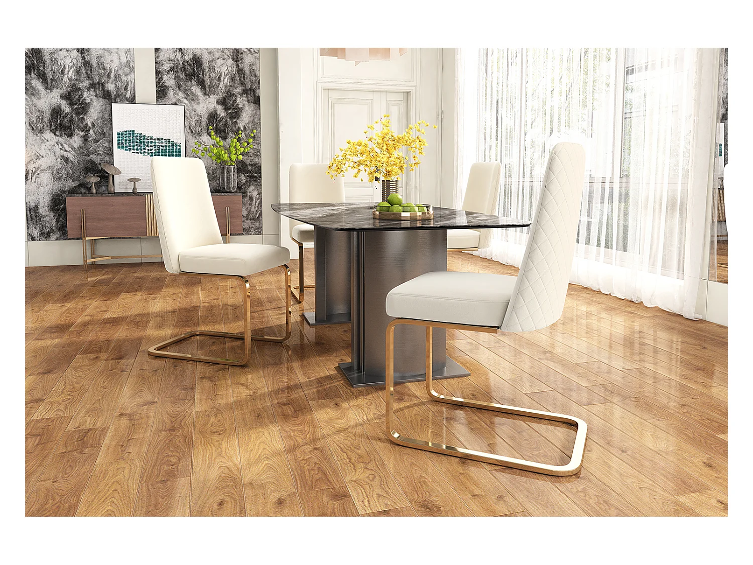 Lot de 4 Chaises cantilever en velours - dossier à motif de losange - piètement en métal doré - Beige