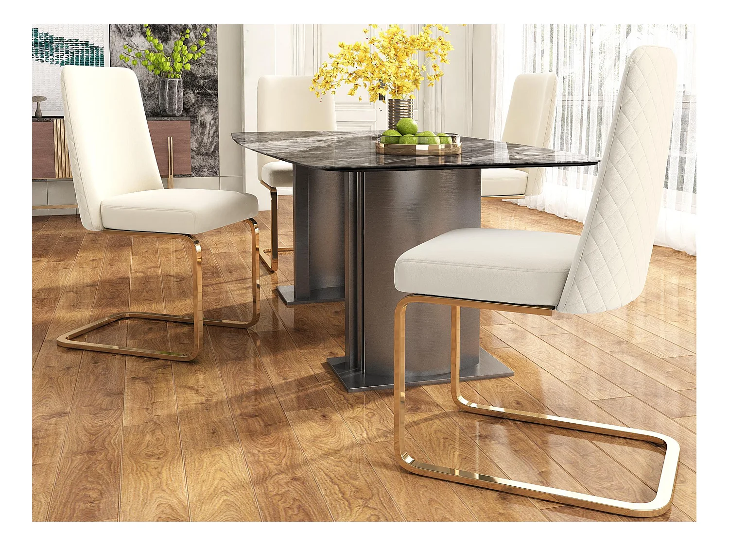 Lot de 4 Chaises cantilever en velours - dossier à motif de losange - piètement en métal doré - Beige