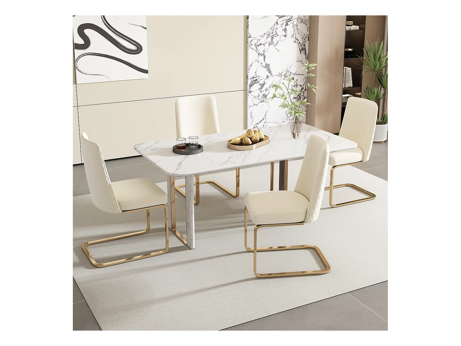 Lot de 4 Chaises cantilever en velours - dossier à motif de losange - piètement en métal doré - Beige