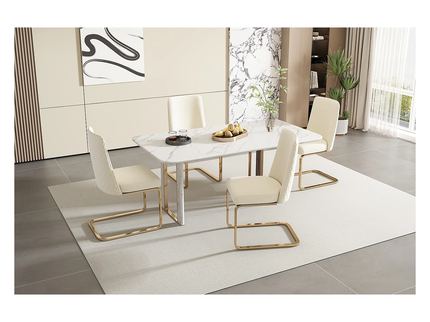 Lot de 4 Chaises cantilever en velours - dossier à motif de losange - piètement en métal doré - Beige