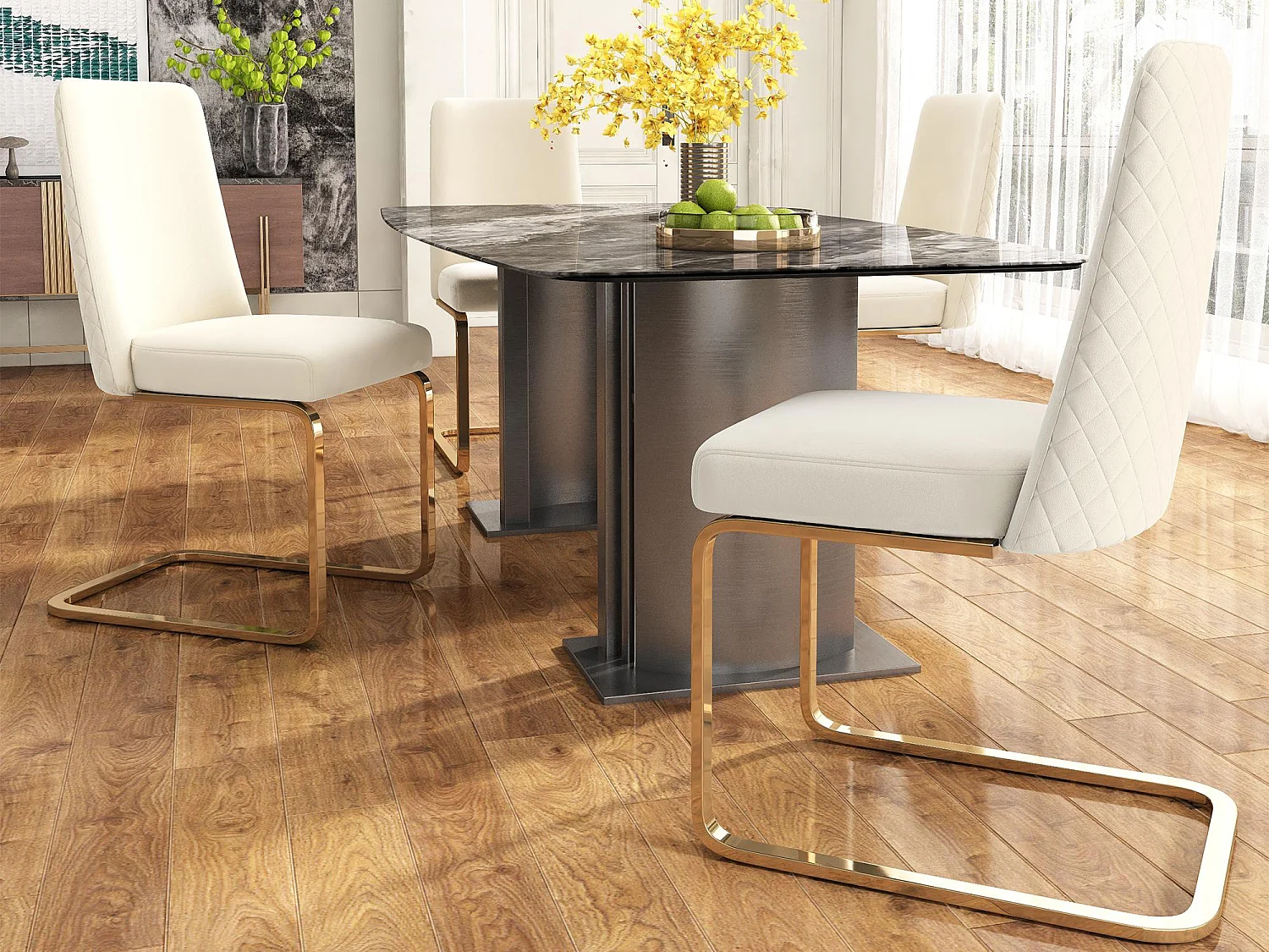 Set van 4 fluwelen sledestoelen - rugleuning ruitpatroon - onderstel goudkleurig metaal - Beige