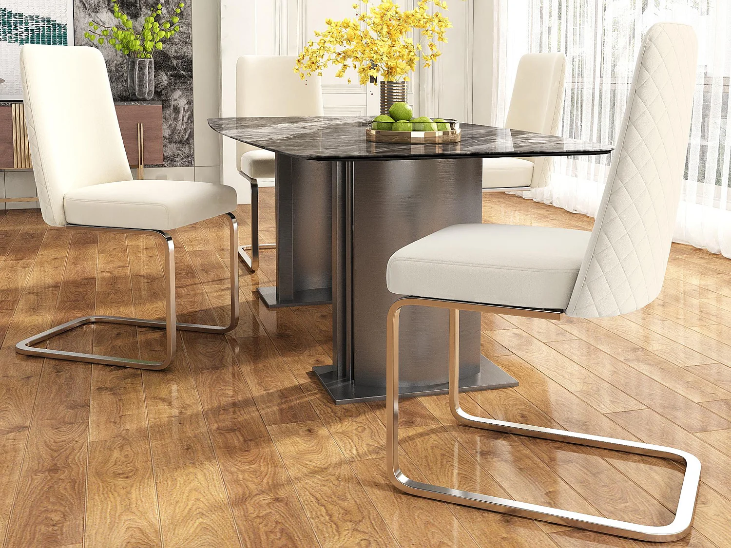 Set mit 4 Freischwingern aus Samt – Rückenlehne mit Rautenmuster – Gestell aus silbernem Metall – Beige