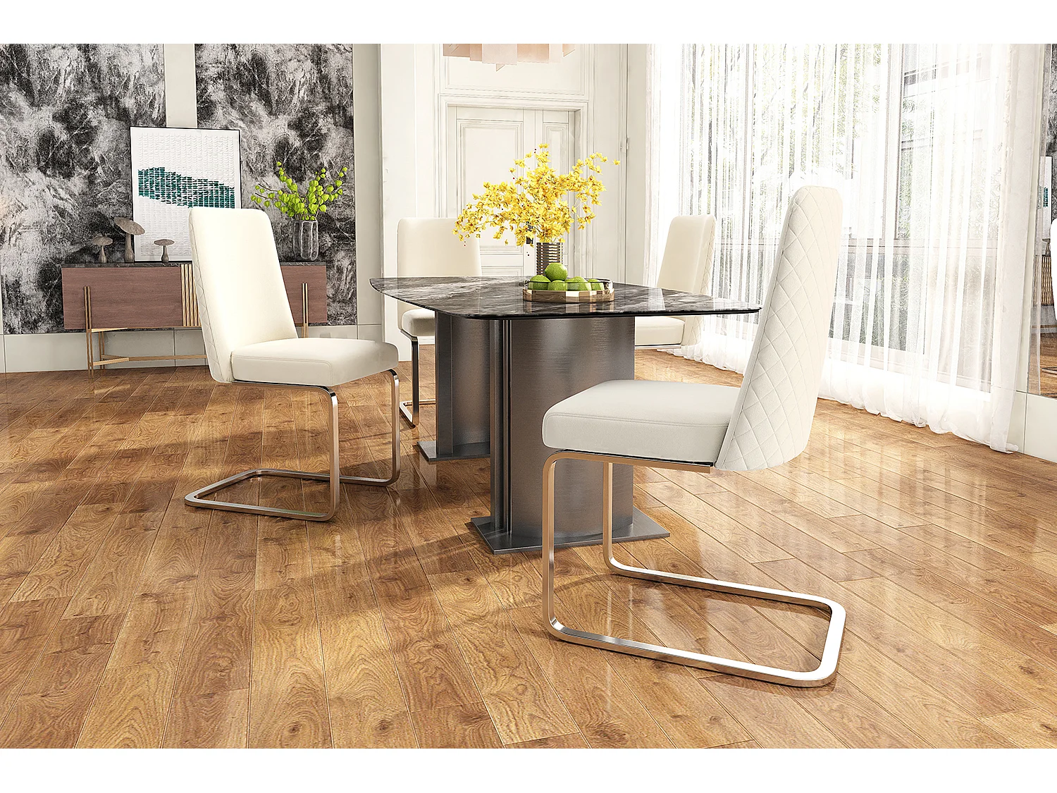 Set mit 4 Freischwingern aus Samt – Rückenlehne mit Rautenmuster – Gestell aus silbernem Metall – Beige