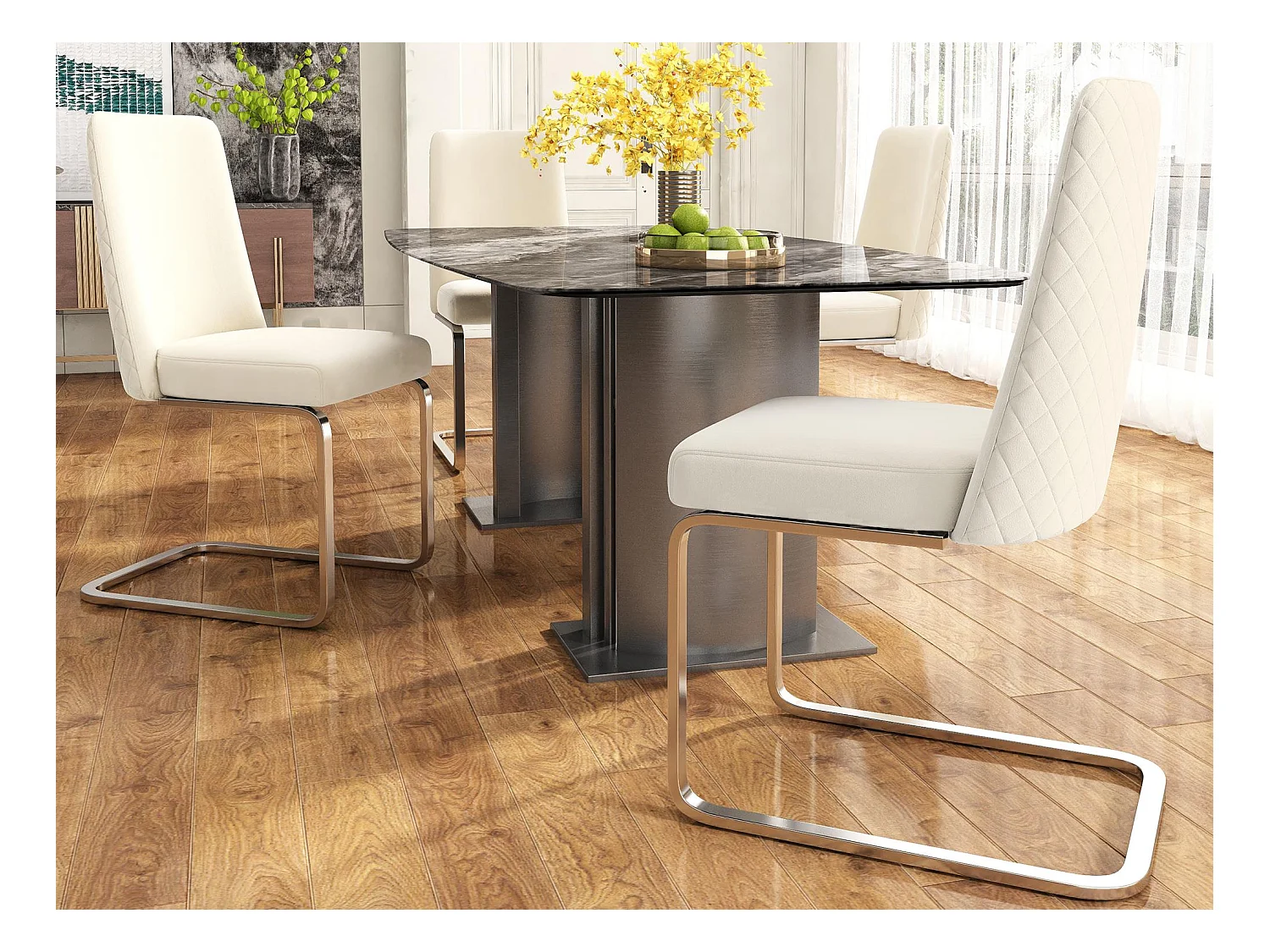 Lot de 4 Chaises cantilever en velours - dossier à motif de losange - piètement en métal argenté - Beige