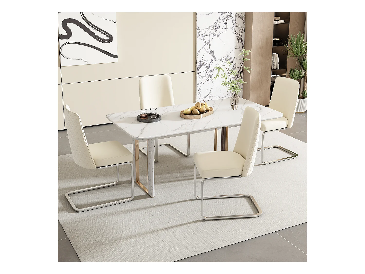 Lot de 4 Chaises cantilever en velours - dossier à motif de losange - piètement en métal argenté - Beige