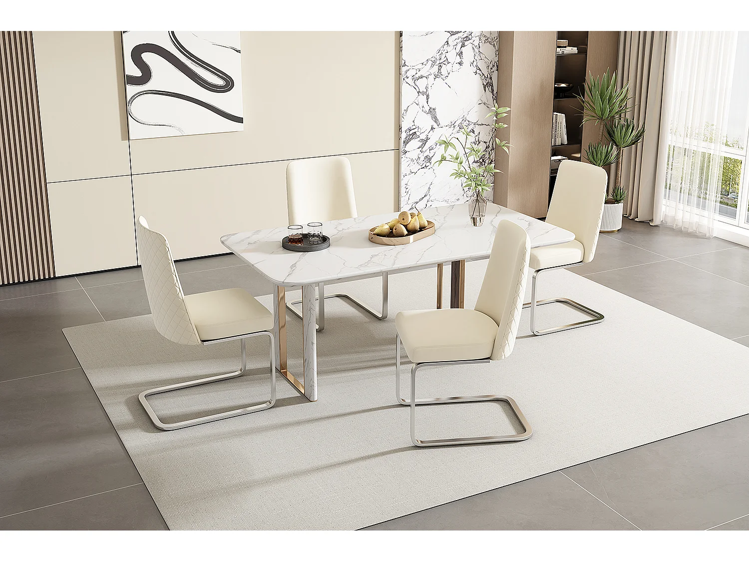 Set van 4 fluwelen sledestoelen - rugleuning ruitpatroon - onderstel zilverkleurig metaal - Beige