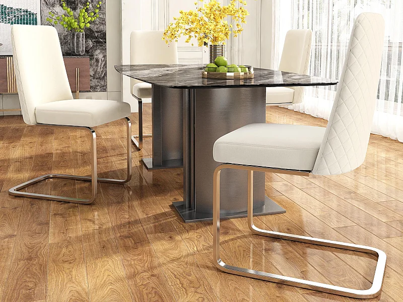 Set mit 4 Freischwingern aus Samt – Rückenlehne mit Rautenmuster – Gestell aus silbernem Metall – Beige