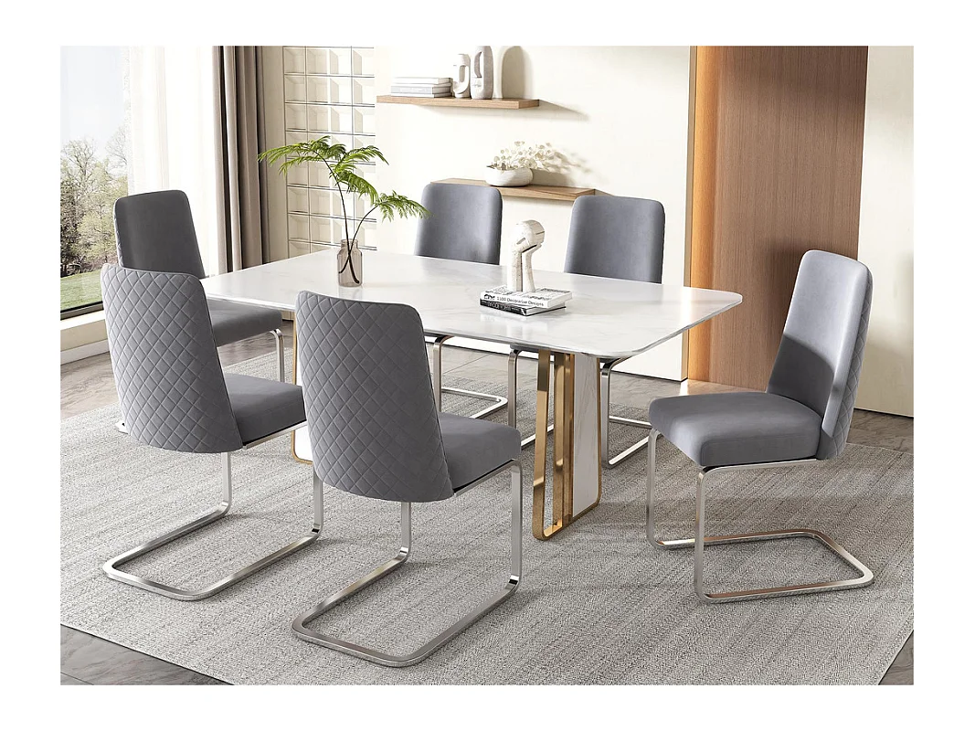 Lot de 6 Chaises cantilever en velours - dossier à motif de losange - piètement en métal argenté - Gris