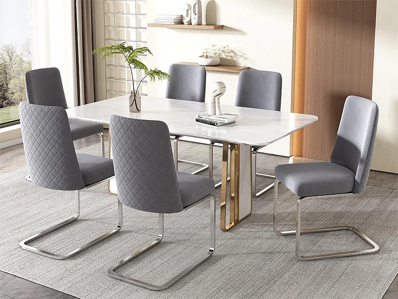 Set van 6 fluwelen sledestoelen - rugleuning ruitpatroon - onderstel zilverkleurig metaal - grijs