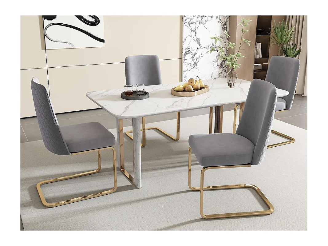 Lot de 4 Chaises cantilever en velours - dossier à motif de losange - piètement en métal doré - Gris