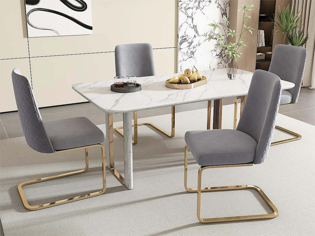 Lot de 4 Chaises cantilever en velours - dossier à motif de losange - piètement en métal doré - Gris