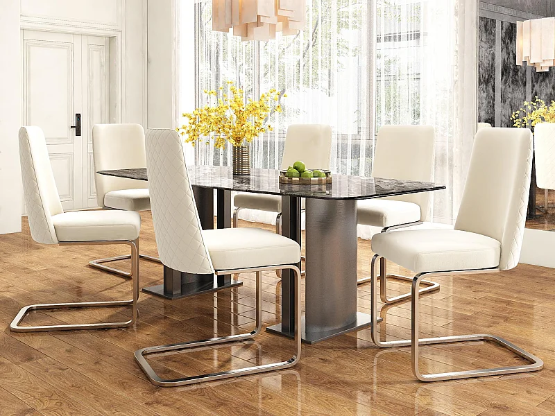 Set di 6 sedie cantilever in velluto - schienale con motivo a rombi - base in metallo argentato - Beige