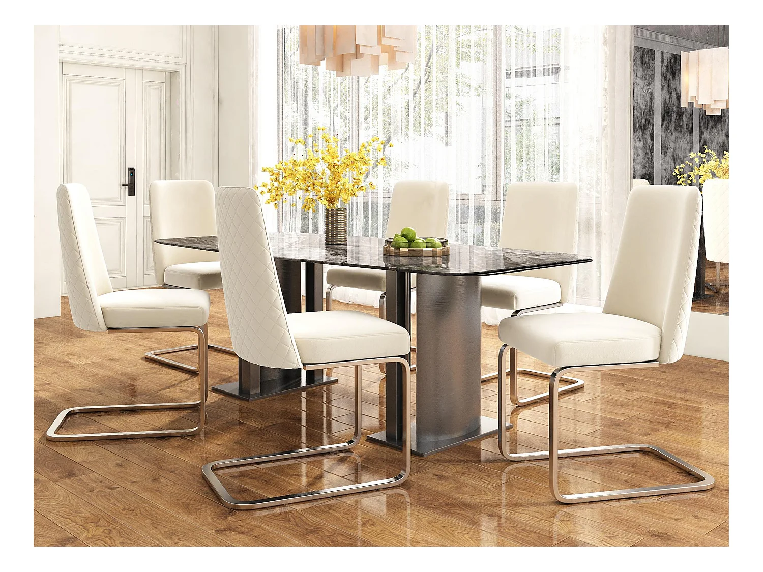 Lot de 6 Chaises cantilever en velours - dossier à motif de losange - piètement en métal argenté - Beige