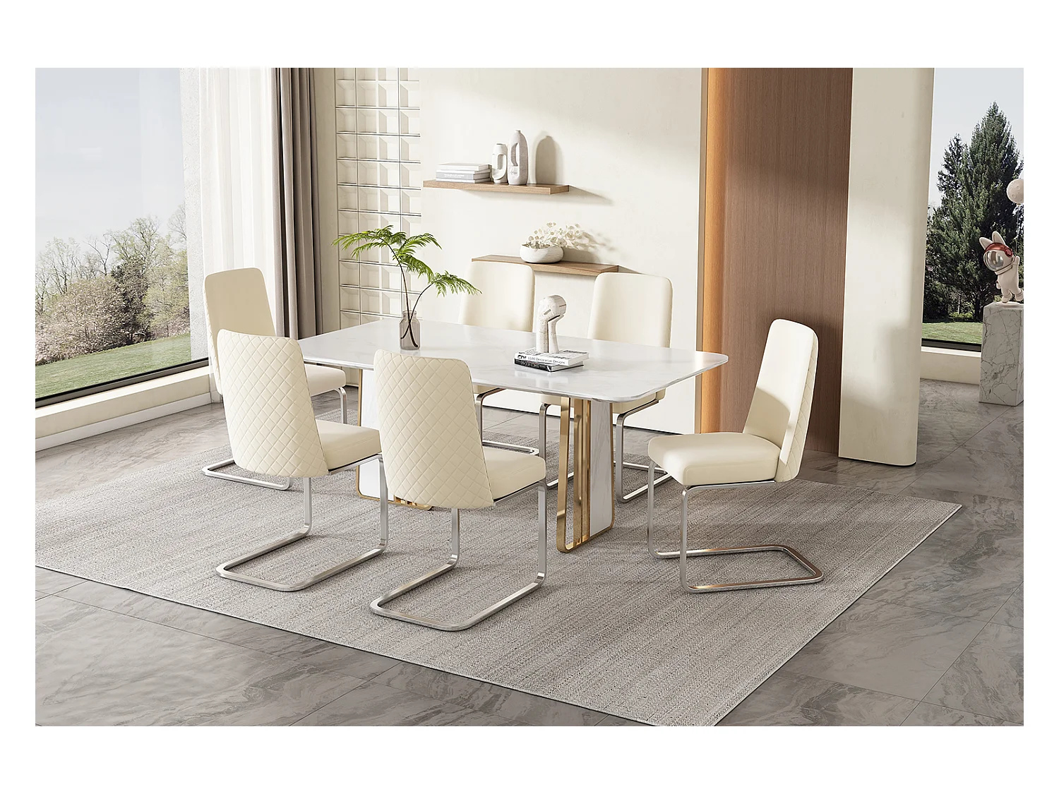 Lot de 6 Chaises cantilever en velours - dossier à motif de losange - piètement en métal argenté - Beige
