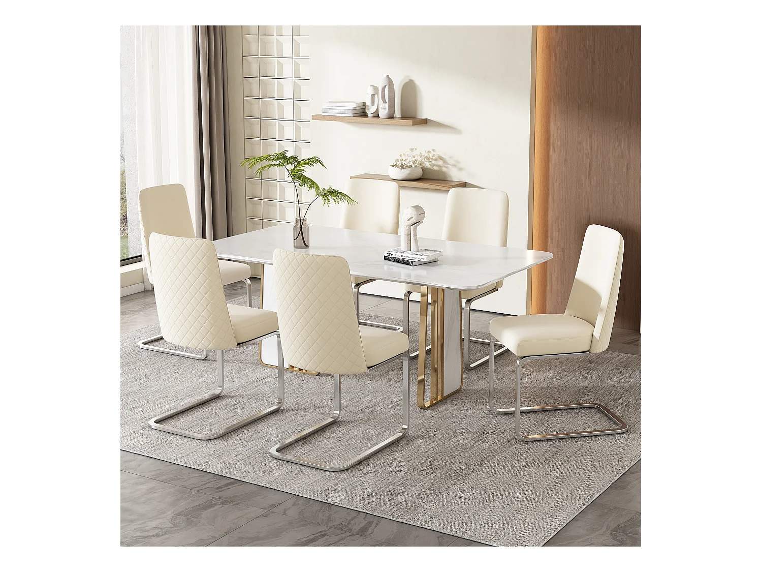 Lot de 6 Chaises cantilever en velours - dossier à motif de losange - piètement en métal argenté - Beige