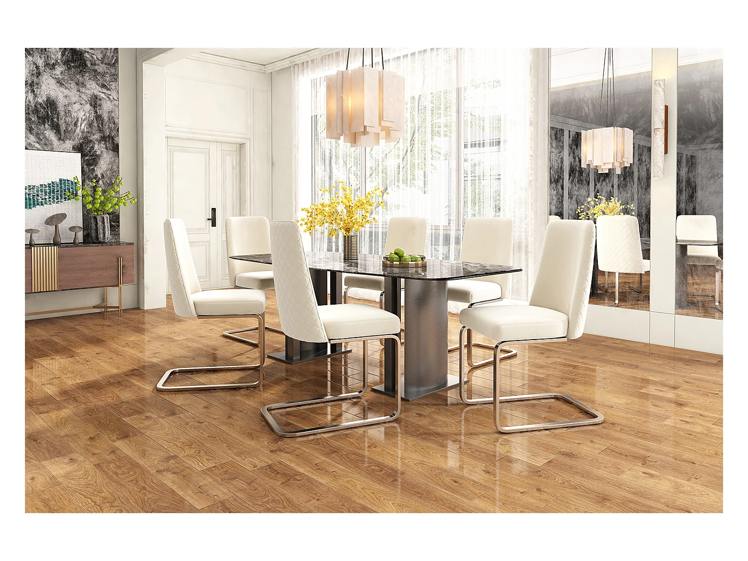 Lot de 6 Chaises cantilever en velours - dossier à motif de losange - piètement en métal argenté - Beige