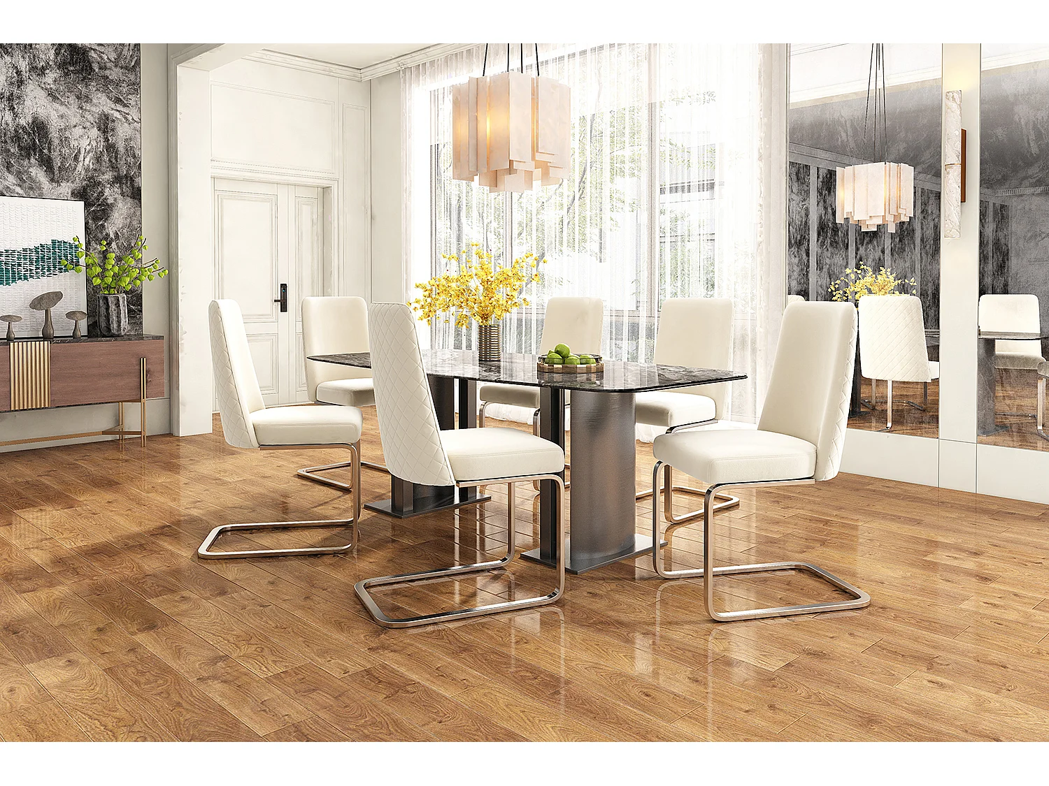 Set van 6 fluwelen sledestoelen - rugleuning ruitpatroon - onderstel zilverkleurig metaal - Beige