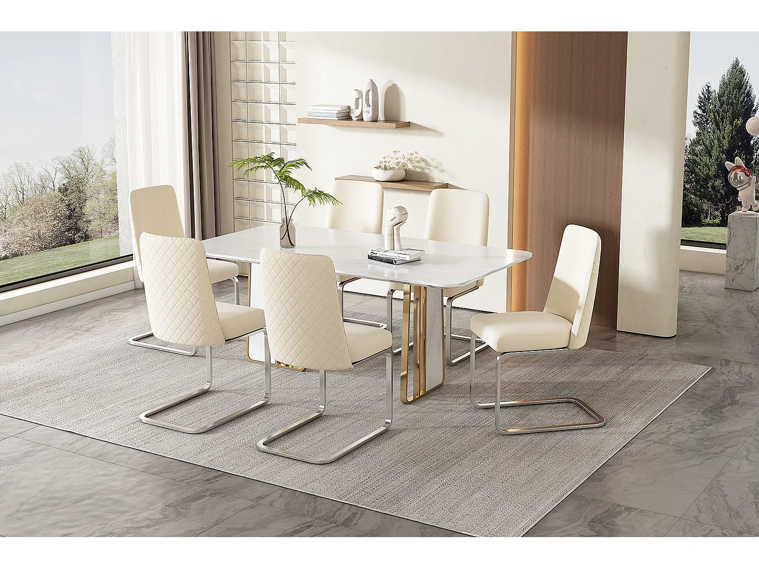 Set van 6 fluwelen sledestoelen - rugleuning ruitpatroon - onderstel zilverkleurig metaal - Beige