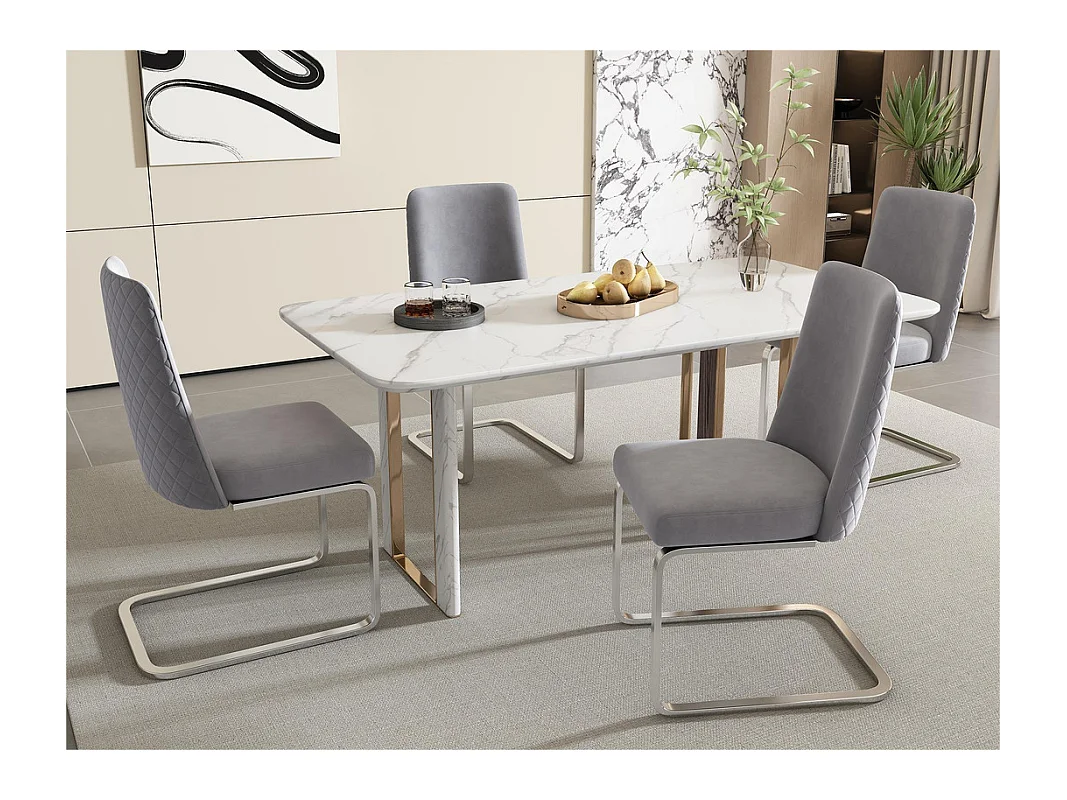 Lot de 4 Chaises cantilever en velours - dossier à motif de losange - piètement en métal argenté - Gris
