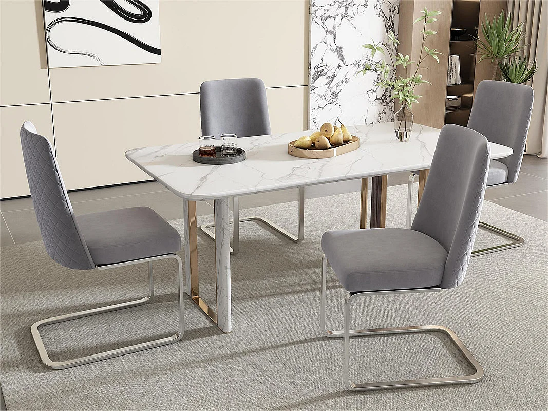 Set van 4 fluwelen sledestoelen - rugleuning ruitpatroon - onderstel zilverkleurig metaal - grijs