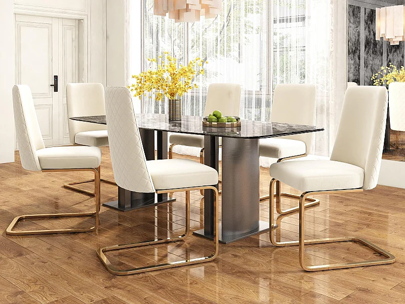 Set van 6 fluwelen sledestoelen - rugleuning ruitpatroon - onderstel goudkleurig metaal - Beige