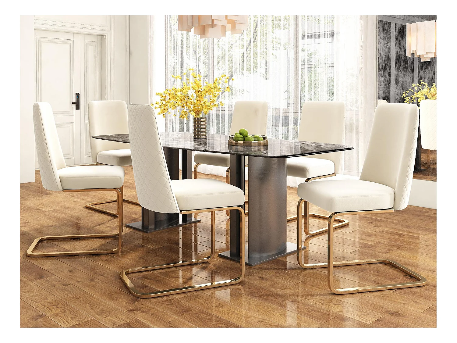 Lot de 6 Chaises cantilever en velours - dossier à motif de losange - piètement en métal doré - Beige