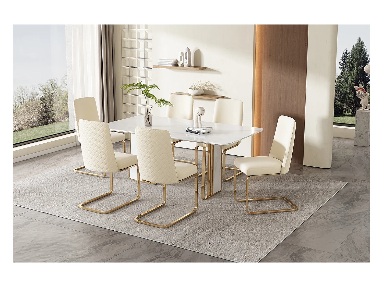 Lot de 6 Chaises cantilever en velours - dossier à motif de losange - piètement en métal doré - Beige