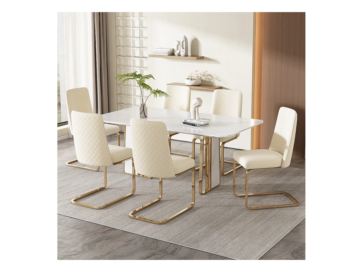 Lot de 6 Chaises cantilever en velours - dossier à motif de losange - piètement en métal doré - Beige