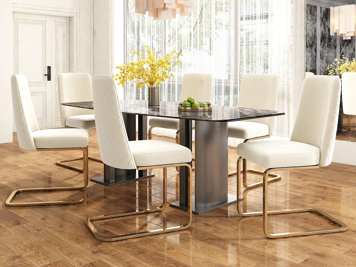 Lot de 6 Chaises cantilever en velours - dossier à motif de losange - piètement en métal doré - Beige