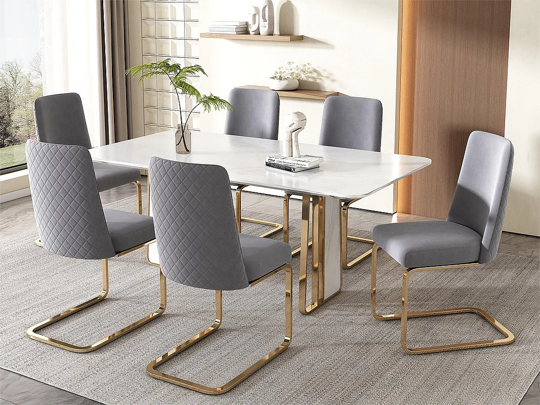 Set van 6 fluwelen sledestoelen - rugleuning ruitpatroon - onderstel goudkleurig metaal - grijs