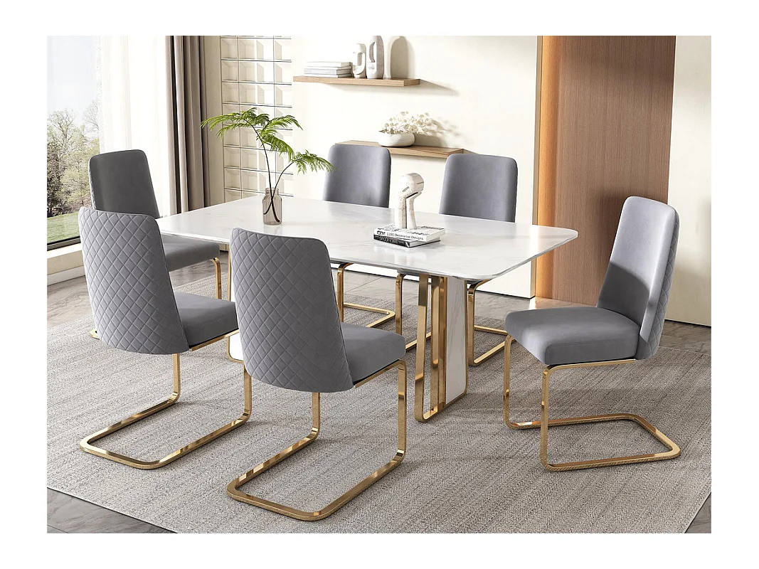 Juego de 6 sillas cantilever de terciopelo - respaldo con diseño de rombos - base de metal dorado - Gris