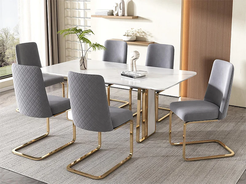 Set van 6 fluwelen sledestoelen - rugleuning ruitpatroon - onderstel goudkleurig metaal - grijs