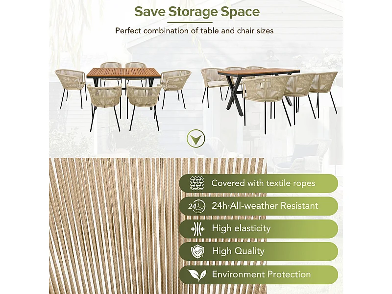 Set tavolo e sedie da giardino - 6 posti - 1 tavolo in legno di acacia e 6 sedie decorate con corda - Beige