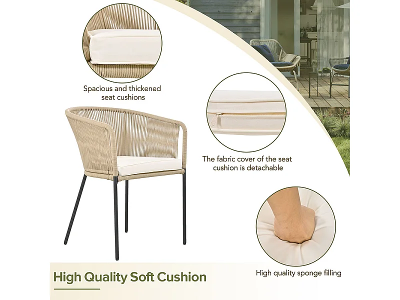 Set tavolo e sedie da giardino - 6 posti - 1 tavolo in legno di acacia e 6 sedie decorate con corda - Beige