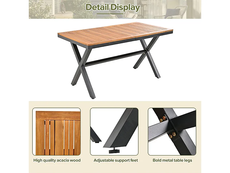 Set tavolo e sedie da giardino - 6 posti - 1 tavolo in legno di acacia e 6 sedie decorate con corda - Beige