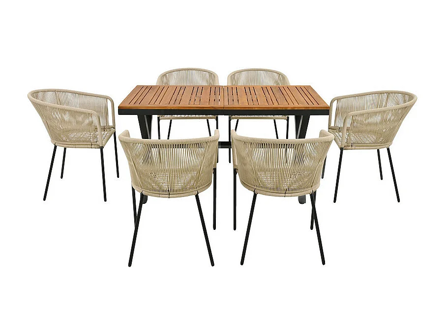 Set tavolo e sedie da giardino - 6 posti - 1 tavolo in legno di acacia e 6 sedie decorate con corda - Beige